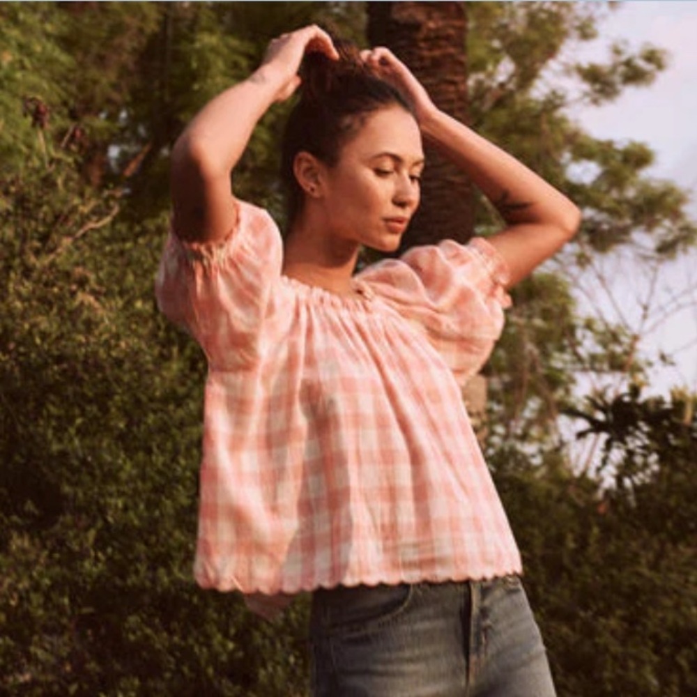 THE GREAT. Pink Gingham Blouse